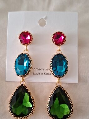 Gold-Tone Drop Earrings with Fuchsia, Teal and Emerald Crystals